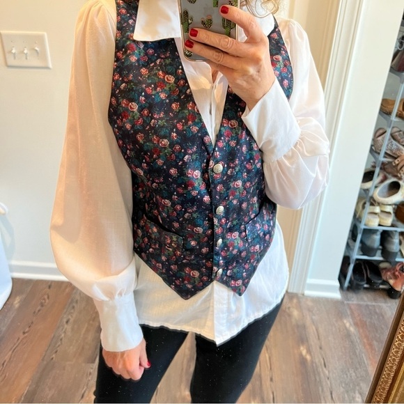 Vintage 90s Y2K cottage core preppy floral vest black  red pink green flowers - Picture 1 of 10